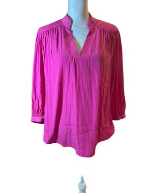 Chico's Bright Fuchsia Pink V-Neck Gathered Tunic Full Sleeved Top 🆕